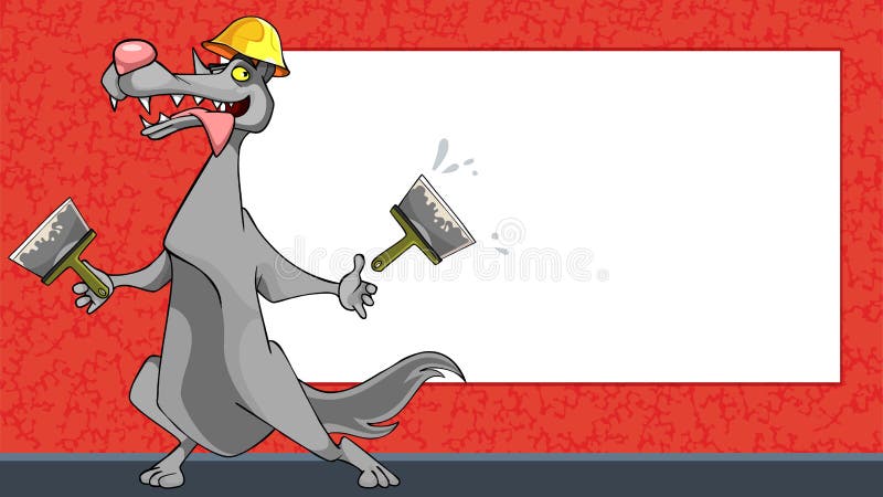 Trabalhador engraçado do lobo dos desenhos animados com as espátulas no fundo de um quadro de avisos vazio ilustração royalty free Trabalhador engraçado do lobo dos desenhos animados com as espátulas no fundo de um quadro de avisos vazio ilustração royalty free