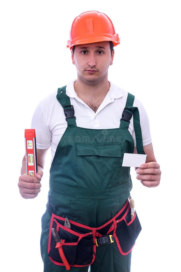 Trabalhador mostrando seu cartão de visita isolado em branco imagens de stock royalty free