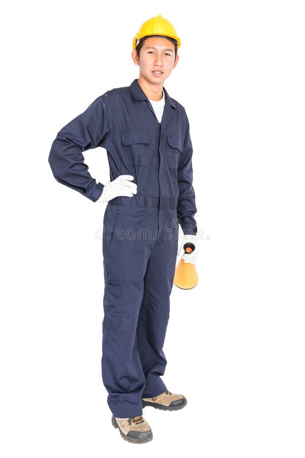 Trabalhador novo com o capacete amarelo que guarda um megafone imagens de stock royalty free Trabalhador novo com o capacete amarelo que guarda um megafone imagens de stock royalty free