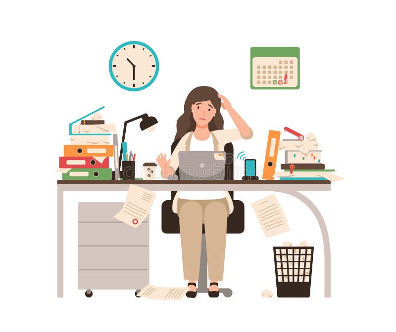 Busy female office worker or clerk sitting at desk completely covered with documents. Woman working at laptop overtime on day before deadline. Colorful vector illustration in flat cartoon style. Busy female office worker or clerk sitting at desk completely covered with documents. Woman working at laptop overtime on day before deadline. Colorful vector illustration in flat cartoon style