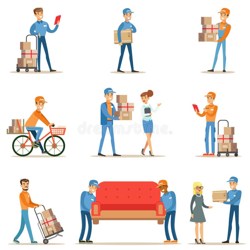 Trabalhadores diferentes e clientes do serviço de entrega, correios de sorriso entregando os pacotes e os motores que trazem o gr ilustração do vetor Trabalhadores diferentes e clientes do serviço de entrega, correios de sorriso entregando os pacotes e os motores que trazem o gr ilustração do vetor