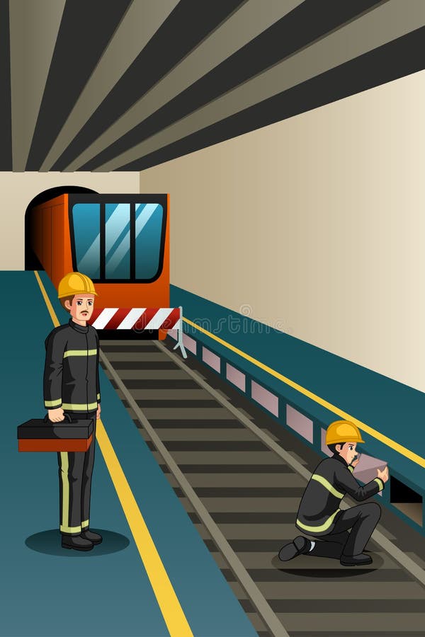 Trabalhadores do metro que trabalham na ilustração dos trilhos ilustração stock Trabalhadores do metro que trabalham na ilustração dos trilhos ilustração stock