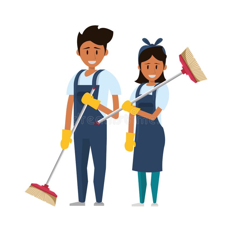 Trabalhadores dos líquidos de limpeza com equipamento de limpeza ilustração stock Trabalhadores dos líquidos de limpeza com equipamento de limpeza ilustração stock