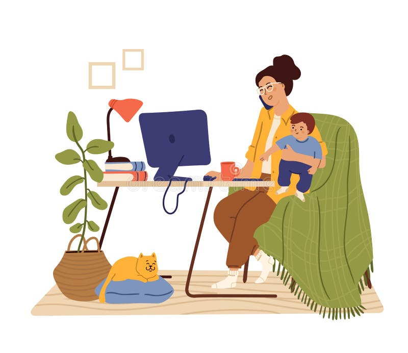 Mother work from home. Working mom, busy freelancer holding baby. Woman sitting desk talk phone swanky vector concept. Illustration mother with baby freelance, woman freelancer busy child and work. Mother work from home. Working mom, busy freelancer holding baby. Woman sitting desk talk phone swanky vector concept. Illustration mother with baby freelance, woman freelancer busy child and work