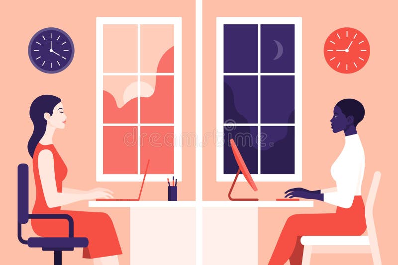 Trabalho das meninas no escritório As mulheres no perfil sentam-se em salas diferentes ilustração royalty free Trabalho das meninas no escritório As mulheres no perfil sentam-se em salas diferentes ilustração royalty free
