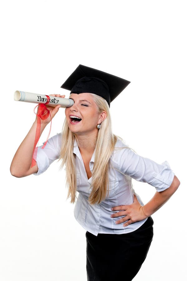 Conceptual image of young female graduate with mortarboard hat looking through graduation scroll, isolated on white background. Conceptual image of young female graduate with mortarboard hat looking through graduation scroll, isolated on white background.