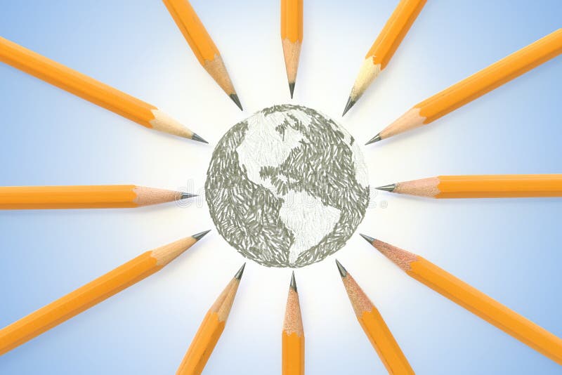 Circle of pencils on a gradated blue background surrounding the earth they drew. Circle of pencils on a gradated blue background surrounding the earth they drew.