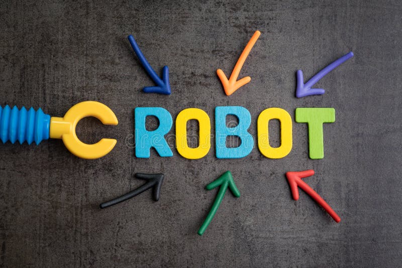 Human jobs replaced by robots concept, multiple arrow pointing to colorful alphabets ROBOT with toy robot arm beside on black cement wall background, robotic and artificial intelligence awareness. Human jobs replaced by robots concept, multiple arrow pointing to colorful alphabets ROBOT with toy robot arm beside on black cement wall background, robotic and artificial intelligence awareness.