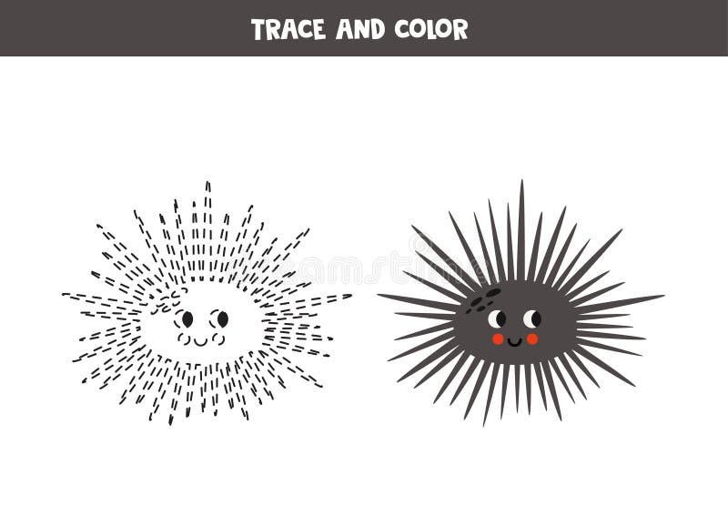 Trace and Color Cartoon Cute Cartoon Sea Urchin. Worksheet for Children