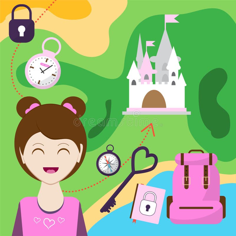Trace con una muchacha, la mochila y otros artículos del paso al castillo Juego del niño Ayude al conseguir aquí antes del lugar ilustración del vector Trace con una muchacha, la mochila y otros artículos del paso al castillo Juego del niño Ayude al conseguir aquí antes del lugar ilustración del vector