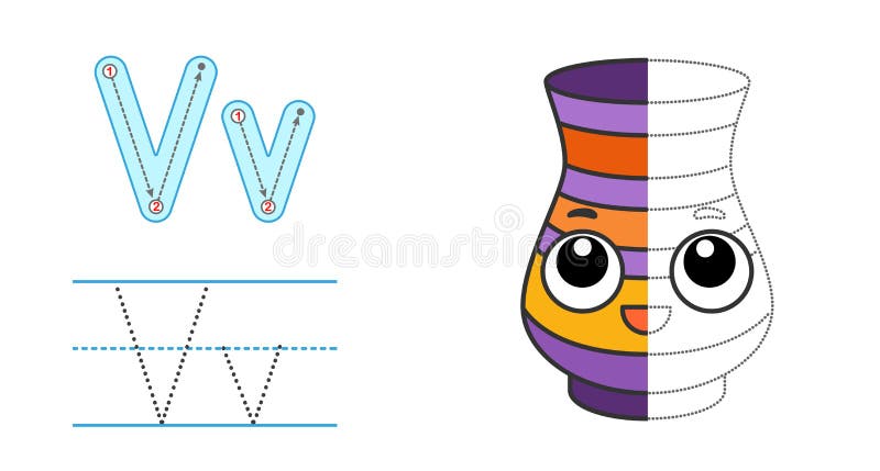 Trace the letter and picture and color it. Educational children tracing game. Coloring alphabet. Letter V and funny Vase