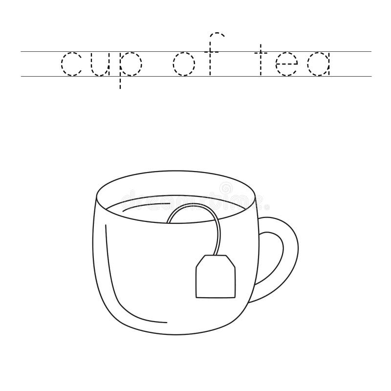 Trace the Letters and Color Cup of Tea. Handwriting Practice for Kids