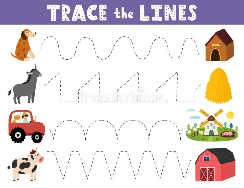 Trace the lines activity page with cute farm animals. Handwriting practice worksheet vector illustration
