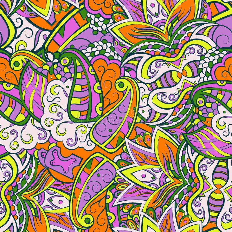 Design pattern. Mixture of topics, abstract art. Tracery seamless pattern. Mehndi design. 7 colors. Ethnic doodle texture. Curved doodling background. Vector