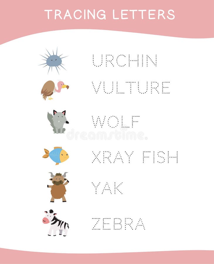 tracing-letters-tracing-names-of-animal-names-worksheet-stock-vector