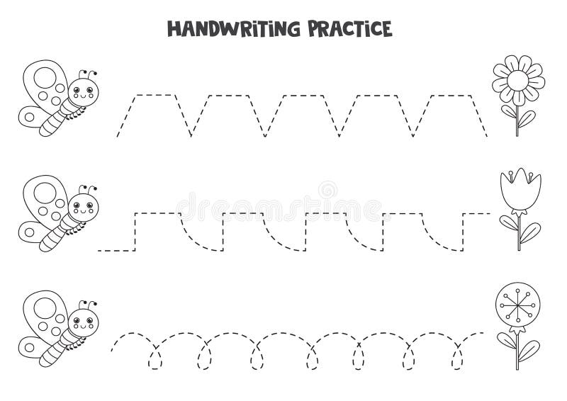 Tracing lines with black and white butterfly and flowers. Writing practice.