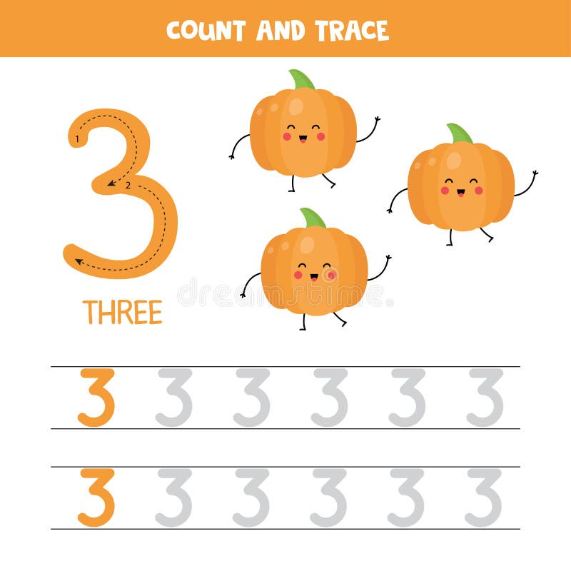 Tracing numbers worksheet. Number three with cute kawaii pumpkins.