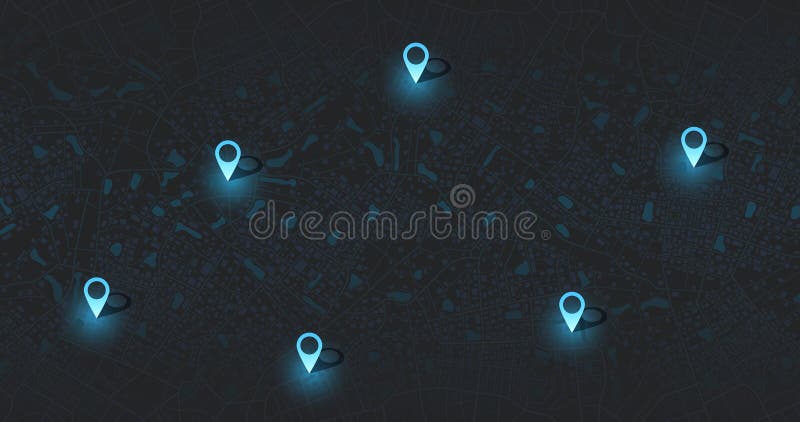 Track navigation pins on street maps, navigate mapping technology and locate position pin. Futuristic travel gps map or vector illustration