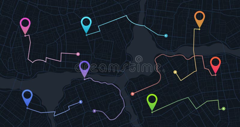 Track navigation pins on street maps, navigate mapping technology and locate position pin. Futuristic travel gps map or stock illustration