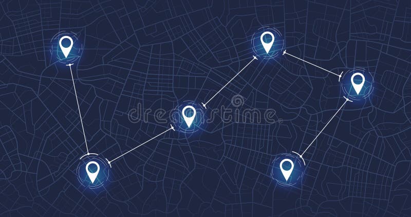 Track navigation pins on street maps, navigate mapping technology and locate position pin. Futuristic travel gps map or royalty free illustration