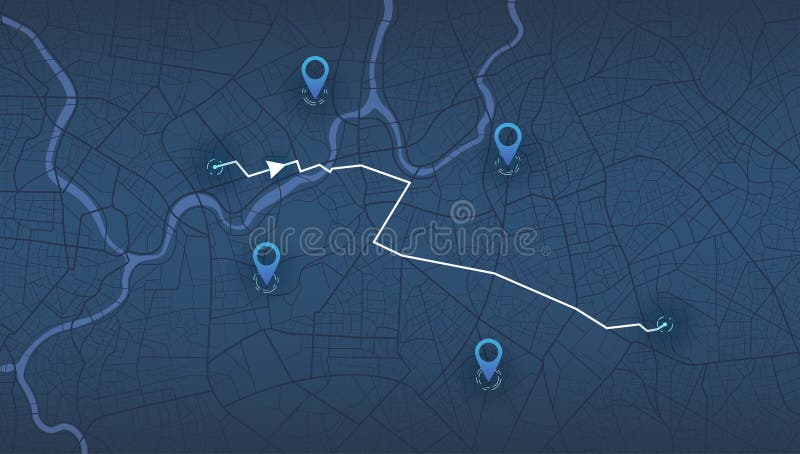 Track navigation pins on street maps, navigate mapping technology and locate position pin. Futuristic travel gps map or royalty free illustration