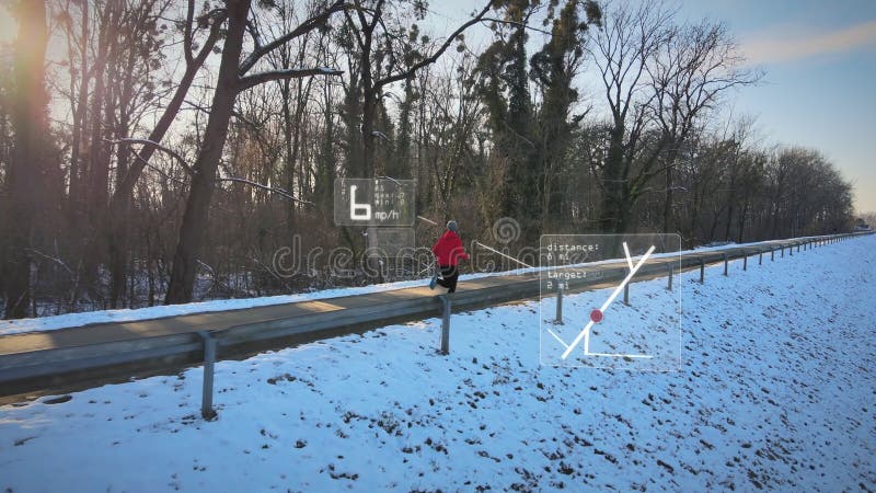 Tracking screen monitoring speed and route on a running person - 3D HUD royalty free stock images