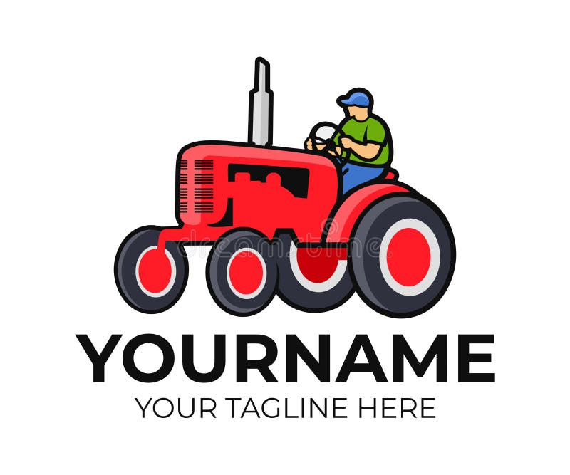 Tractor, conductor o granjero, plantilla del tractor del logotipo Agricultura, granja y cultivo, diseño del vector Equipo agrícol