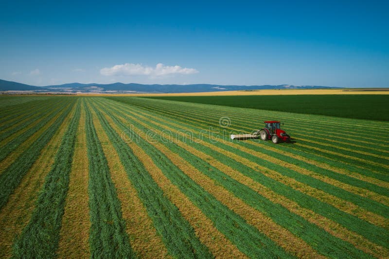 Tractor die groen landbouwgebied, luchthommelmening maaien stock afbeeldingen Tractor die groen landbouwgebied, luchthommelmening maaien stock afbeeldingen