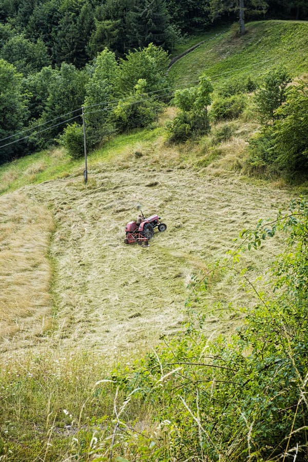 Traktorista seká louku, Štiavnické hory, Slovensko