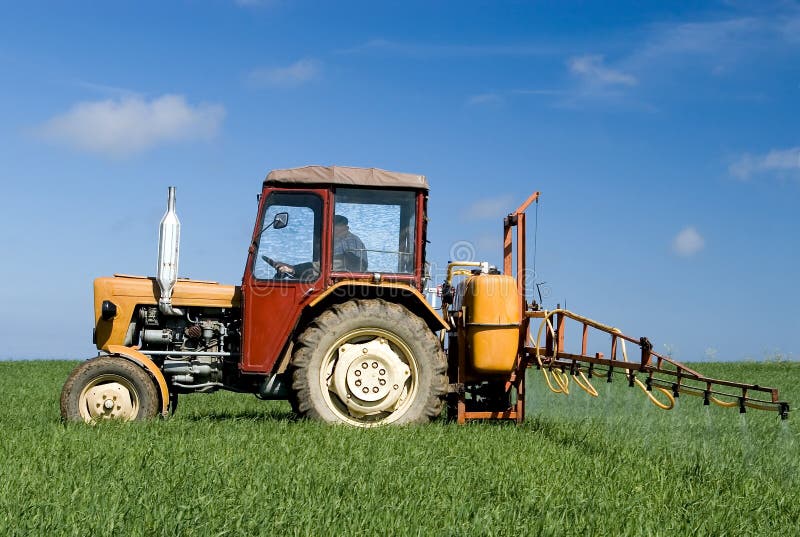 Tractor Spraying Green Field Stock Image Image of clouds, automation