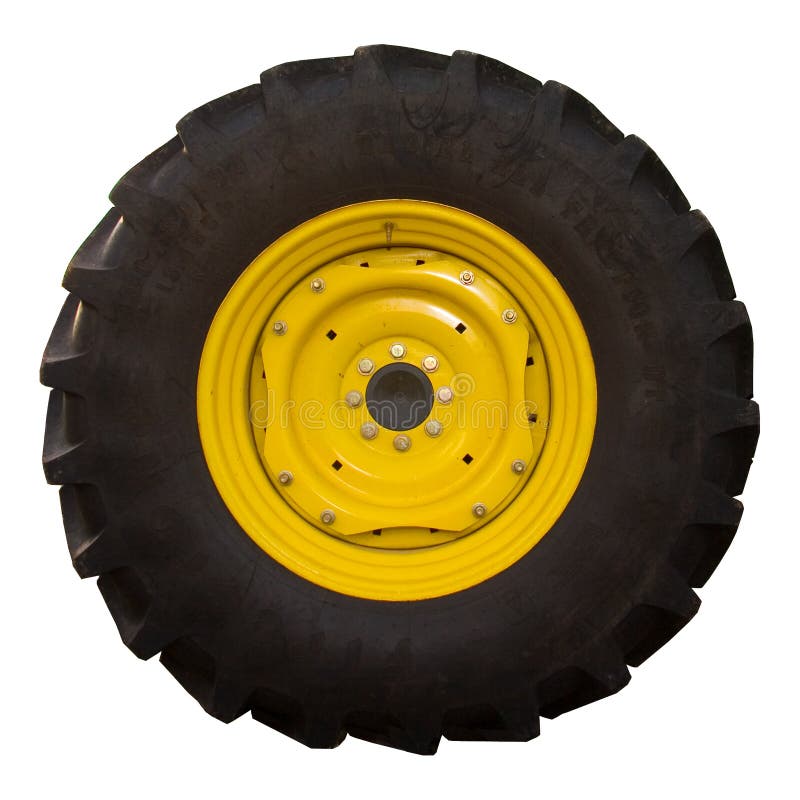 John Deere traktor pneumatiky se žlutými hubcap, izolovaných na bílém pozadí.