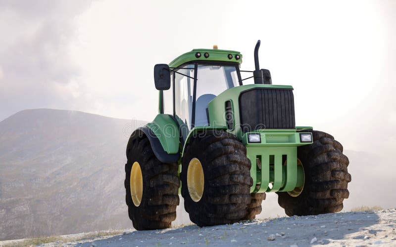 Large heavy duty green tractor on a mountain parked side front on against a bright cloudy sky with distant peaks, low angle view. Large heavy duty green tractor on a mountain parked side front on against a bright cloudy sky with distant peaks, low angle view