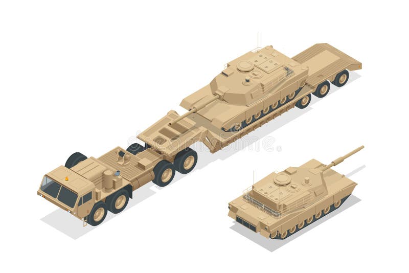 Tractor y tanque de artillería de camiones militares con motor diésel isométrico aislados en blanco ilustración del vector