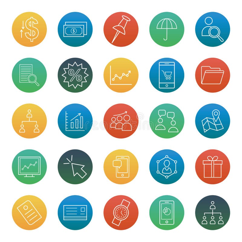 Trade Isolated Vector Icons set consist with building, graph, team, dollar, pie graph, shade, wallet, portfolio and calculator royalty free illustration