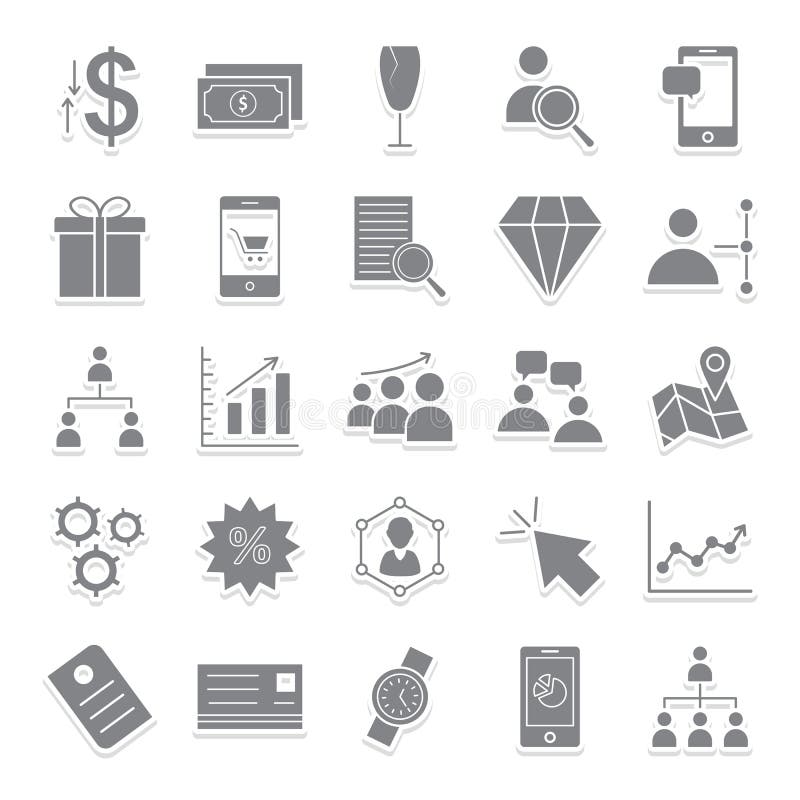 Trade Isolated Vector Icons set consist with building, graph, team, dollar, pie graph, shade, wallet, portfolio and calculator royalty free illustration