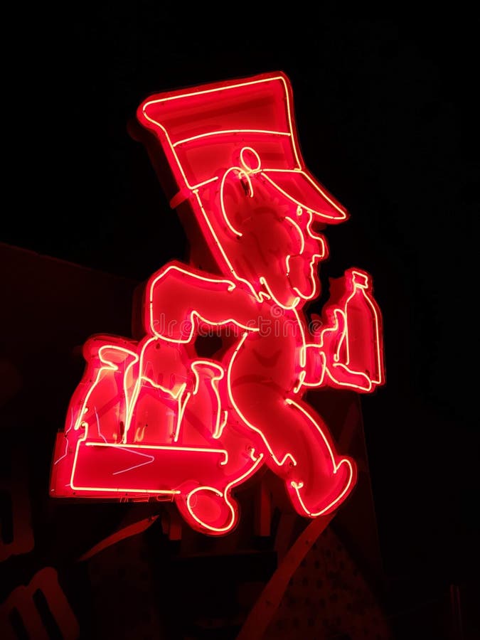 Trade Sign of Neon Light Man Running with Drinks Stock Photo Image of