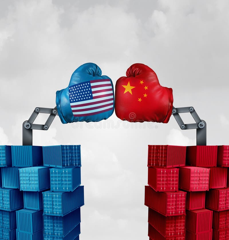 Trade War US China. Or American tariffs fight as two opposing cargo groups fighting as an economic punitive taxation dispute over import and exports concept as stock illustration Trade War US China. Or American tariffs fight as two opposing cargo groups fighting as an economic punitive taxation dispute over import and exports concept as stock illustration