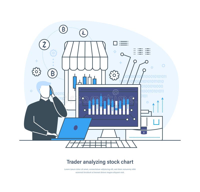 Trader analyzing stock chart and market data to increase profits stock illustration