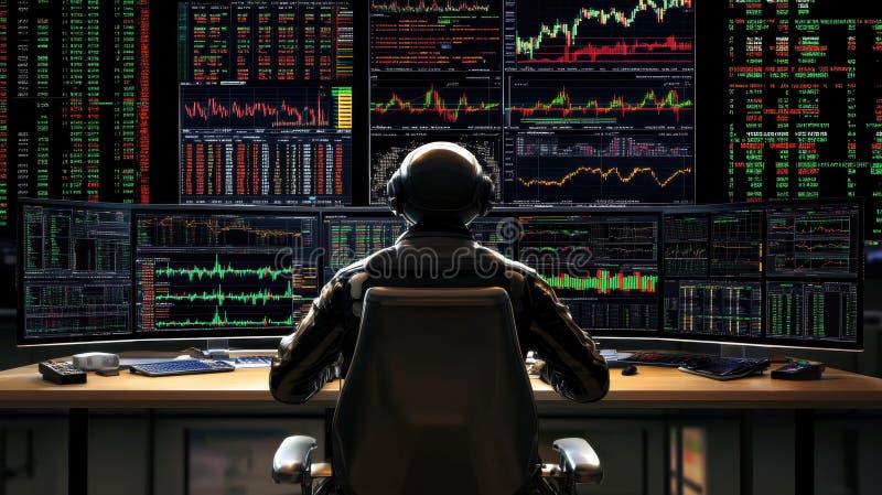 Trader analyzing stock market data on multiple screens at desk royalty free illustration