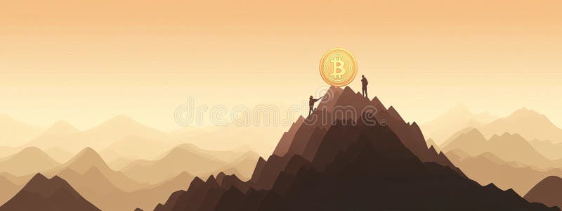 Trader silhouette climbs crypto chart with golden Bitcoin digital money banner stock illustration