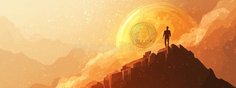 Trader silhouette climbs crypto chart with golden Bitcoin digital money banner vector illustration
