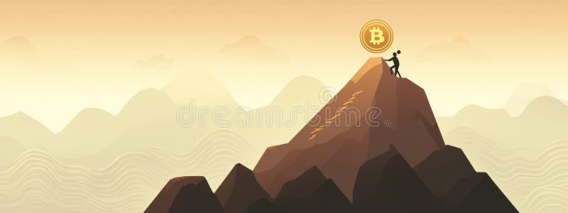 Trader silhouette climbs crypto chart with golden Bitcoin digital money banner royalty free illustration