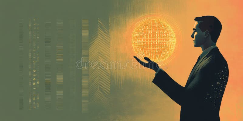 Trader silhouette holding crypto orb amid binary digits on olive background vector illustration