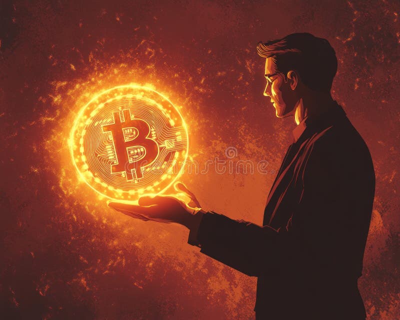 Trader silhouette holding glowing Bitcoin globe on maroon background stock illustration