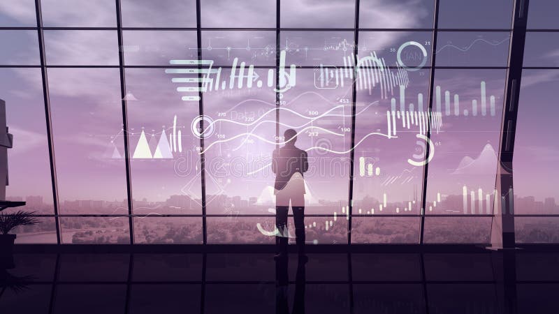 A trader surrounded by a virtual data array in a huge office. A silhouette of a trader surrounded by an array of infographics with data in a dark office with panoramic windows.