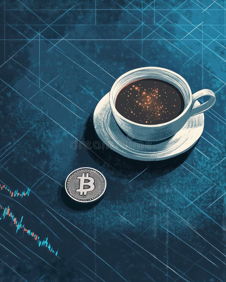 Traders desk with crypto ticker coin coffee cup on navy background for digital money postcard royalty free illustration