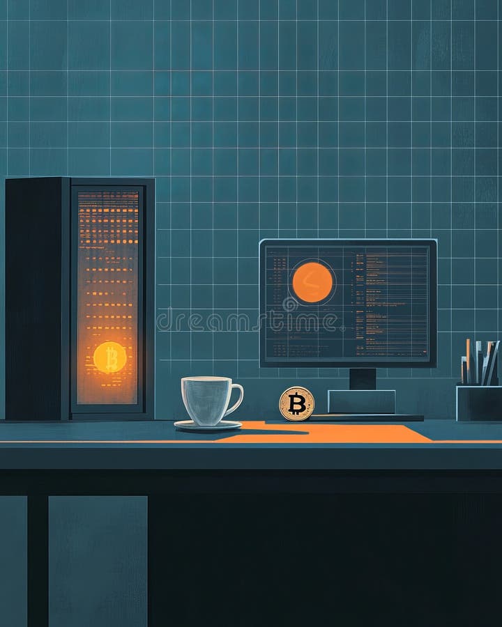 Traders desk with crypto ticker coin coffee cup on navy background for digital money postcard stock illustration