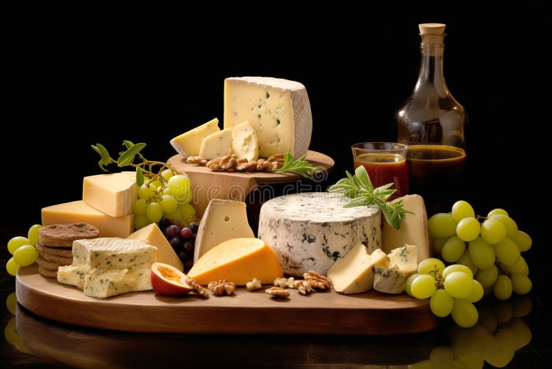 Tradicional prato de queijo com uvas de castanha e diversos tipos de queijo. sortido de lanche diferente para vinho ilustração stock