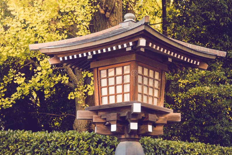 Tradition Lantern Made from Wood in Shrine Temple Japan. Stock Photo