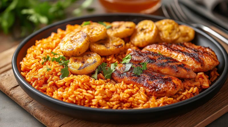 Traditional African Jollof Rice with Grilled Chicken and Fried